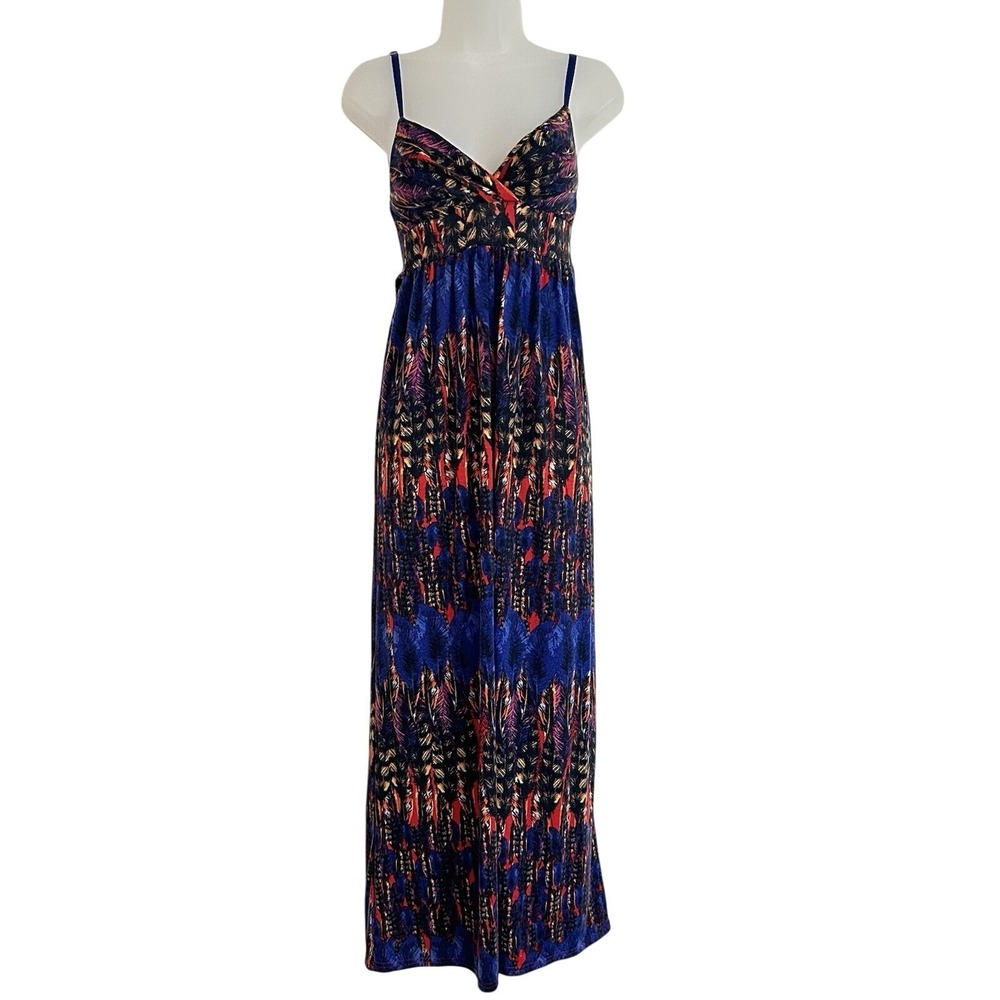Vtg Y2K Planet Gold Babydoll Maxi Dress Sz S Bohemian Colorful Strappy Artsy